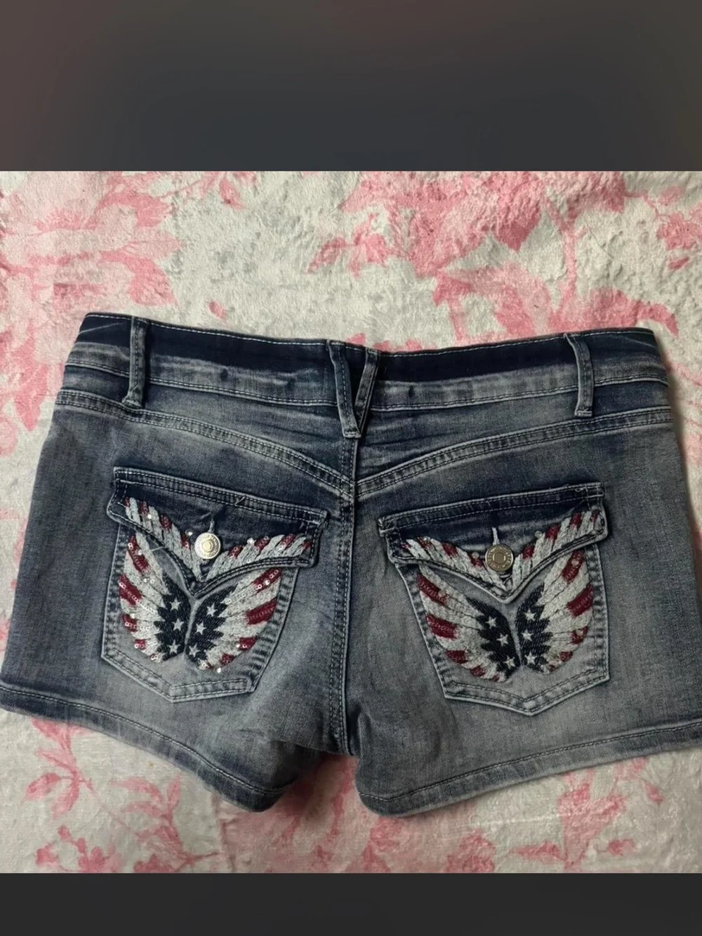Women’s Low-Rise Distressed Denim Shorts - Faded Blue